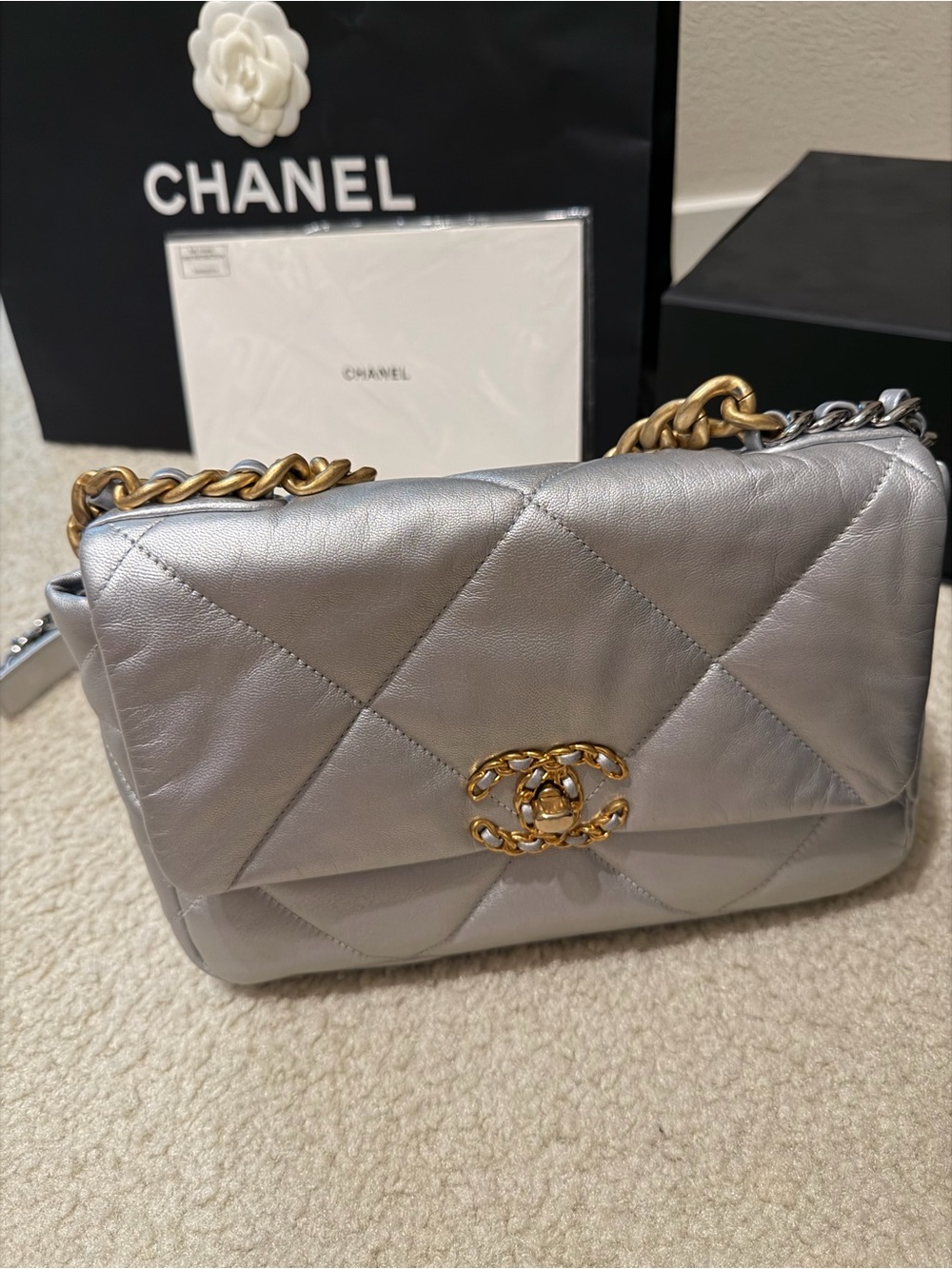 CHANEL 19 medium Silver Quilted Lambskin Shoulder Bag with Gold , silver Chain
